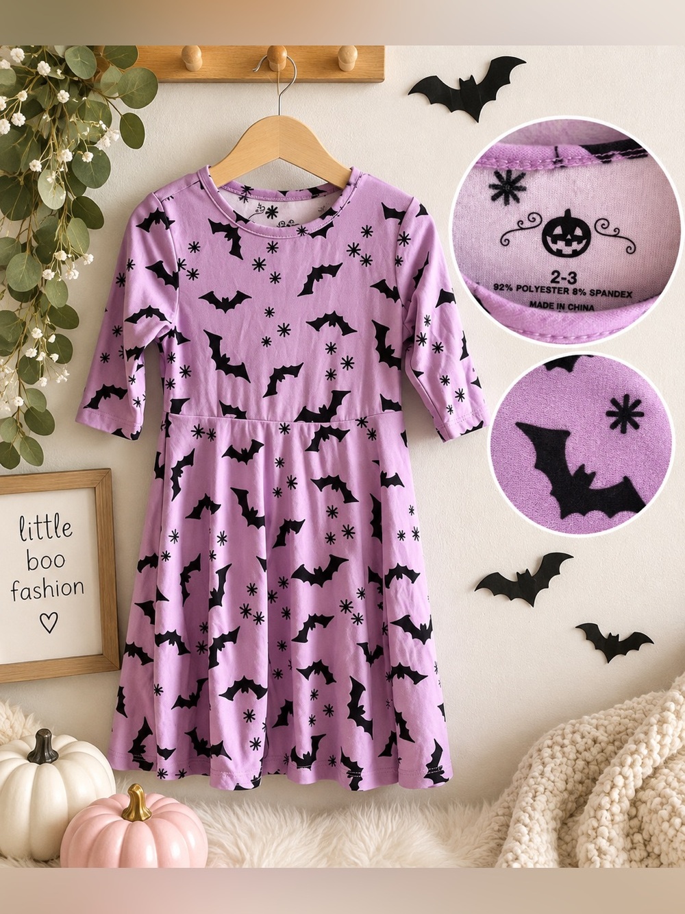 Girls Halloween Purple Bat Print Twirl Dress Size 2–3T | Spooky Fall Dress